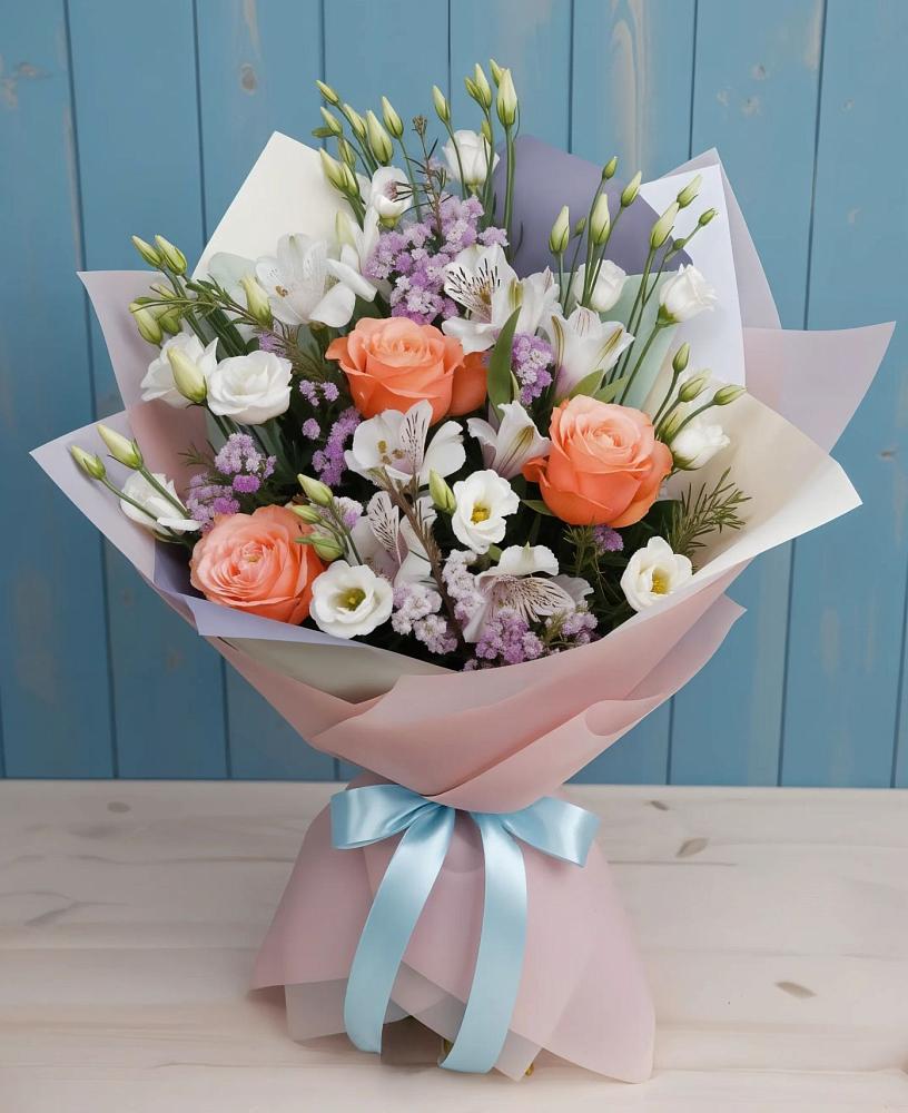 Букет цветов из: Лизиантусы, Розы, Альстромерии и Гипсофила в Дульдурге