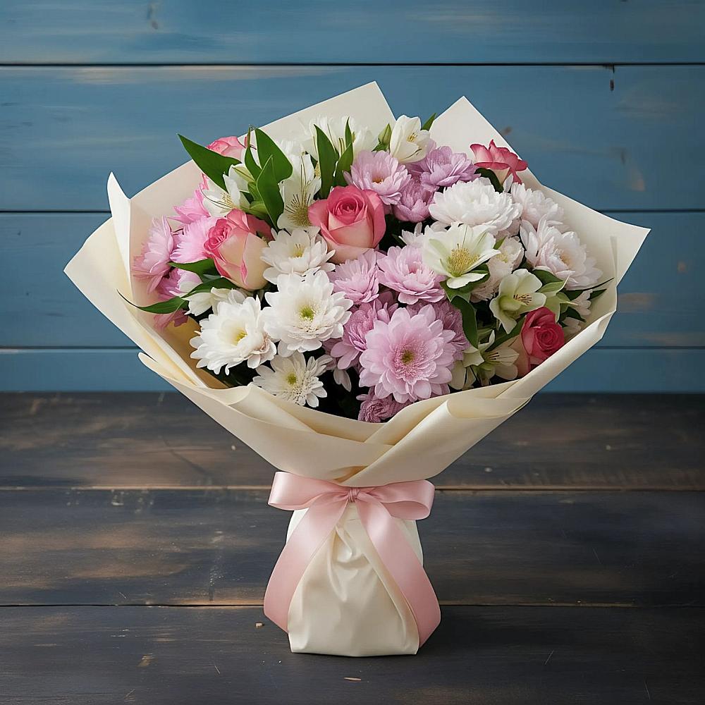 Букет цветов из: Хризантемы, Альстромерии и Розы в Дульдурге